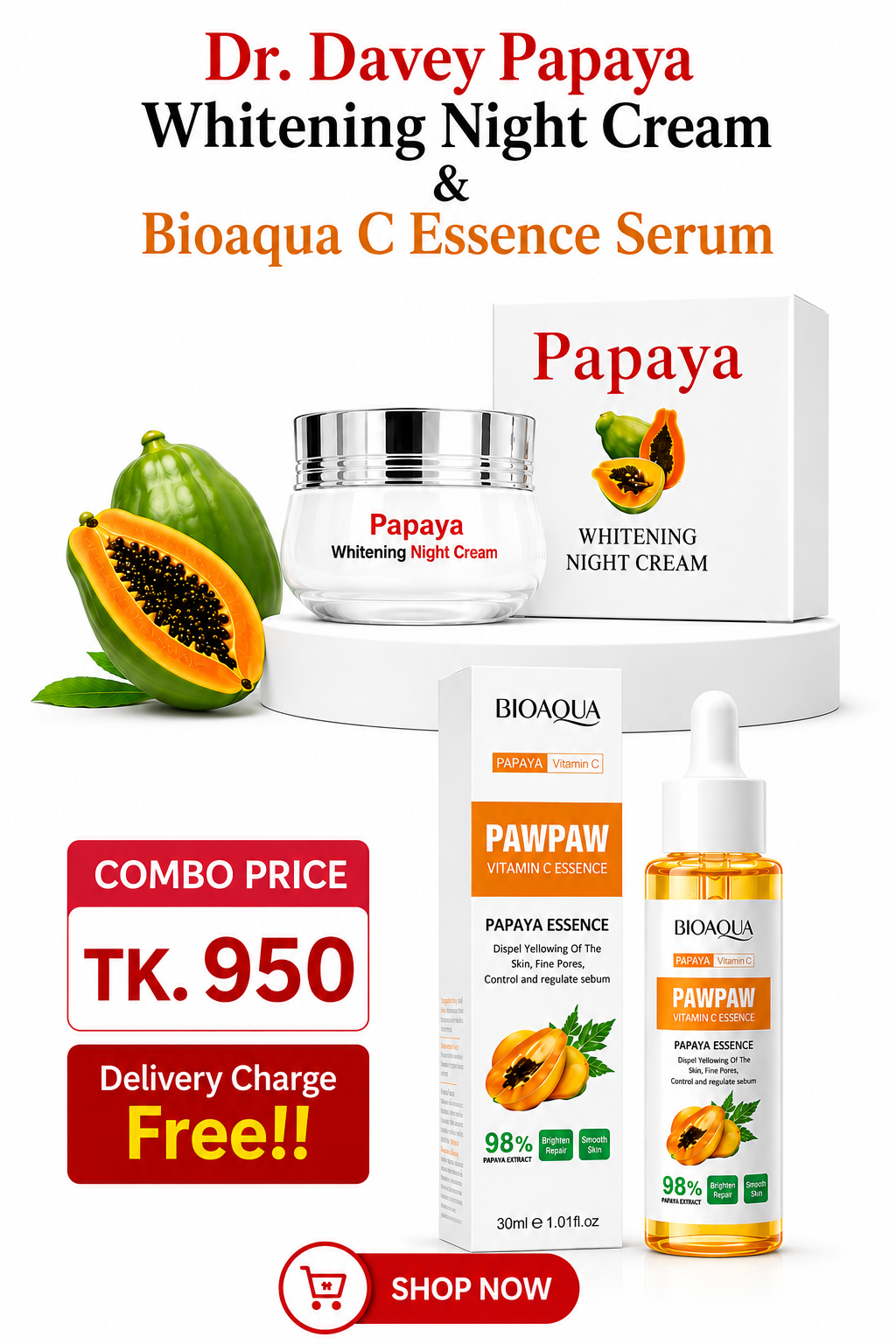 Dr. Davey Papaya Whitening Night Cream + BIOAQUA Vitamin C (Papaya) Essence Serum